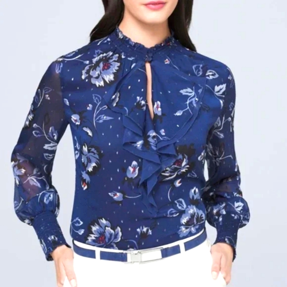 White House Black Market Floral Chiffon Blouse Top Size 0 Navy Blue Bohemian